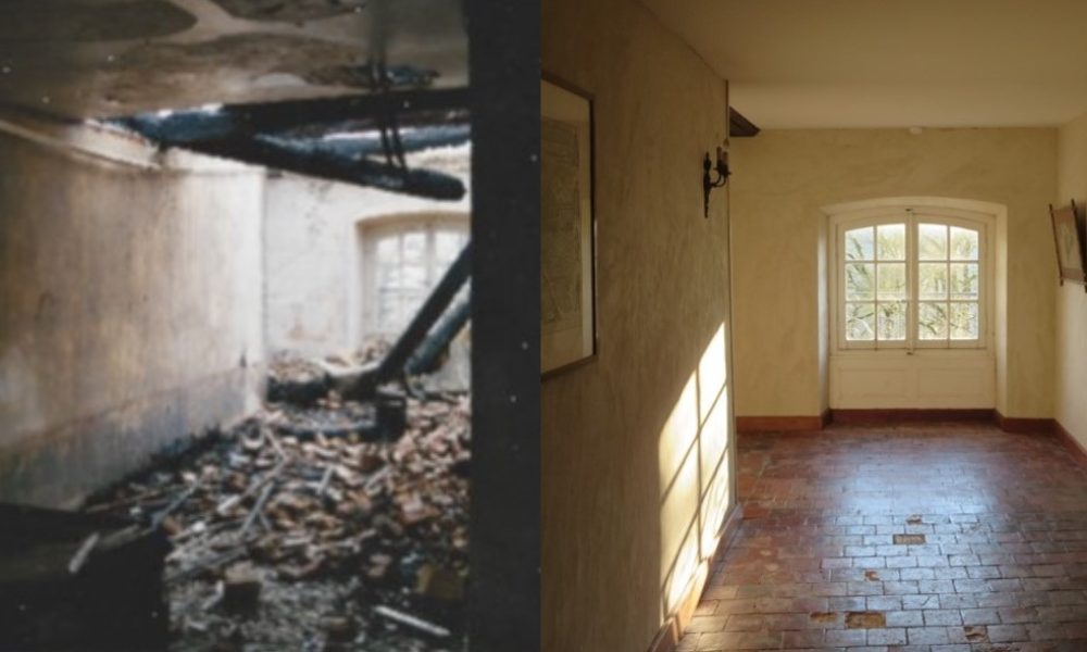Couloir au premier étage de l'aile est, avant et après restauration © Château de Donjeux