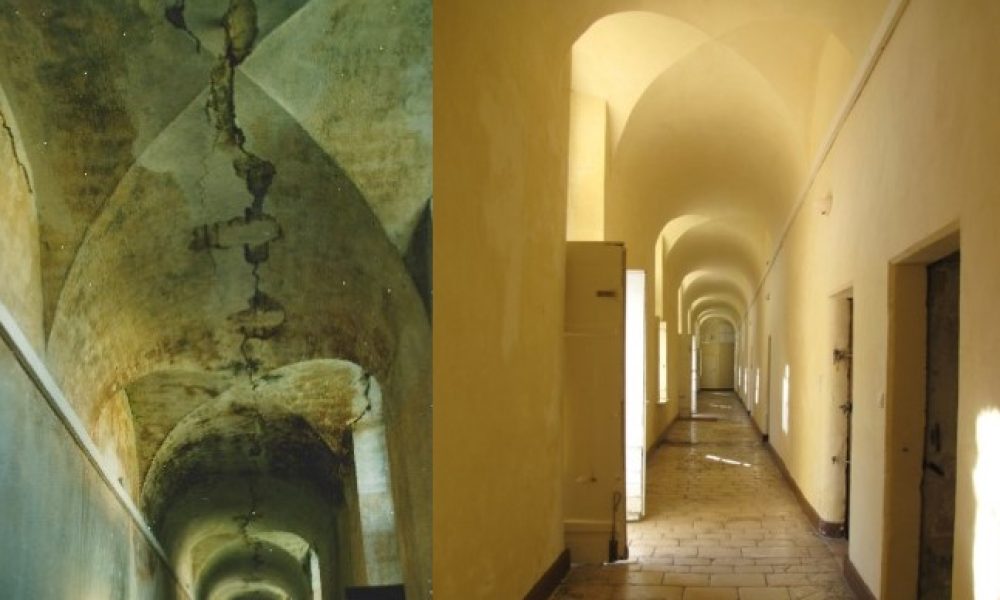 Couloir au rez-de-chaussée de l'aile est, avant et après restauration © Château de Donjeux